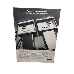 1969 Mobil Gasoline Print Ad Slow Down Engine Wear Regular Premium Pumps